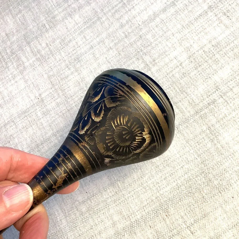 Vintage India Vase Floral Black Metal Gold Tone MCM 7.5 ” Engraved Boho Decor